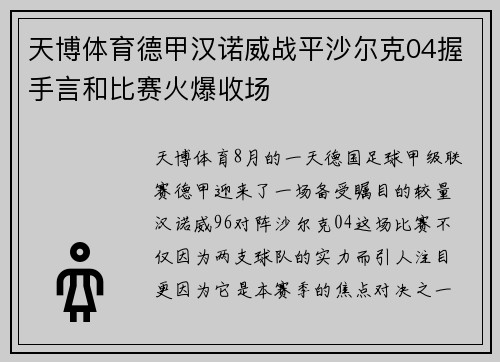 天博体育德甲汉诺威战平沙尔克04握手言和比赛火爆收场